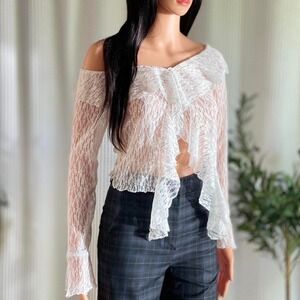 NWT Nasty Gal White Lace Ruffle Long Sleeve Sheer Top Coquette Romantic Sz M